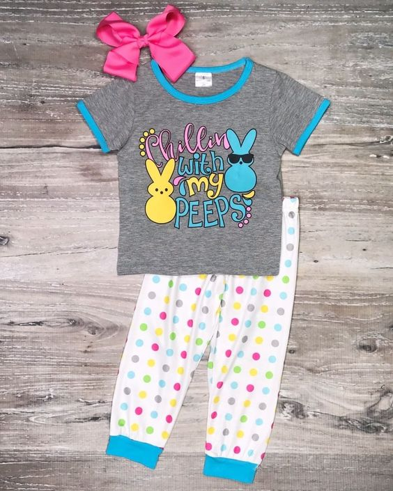 (Pre-order)BSPO0268 Grey Bunny Top Dots Pants Boys Easter Clothes Set