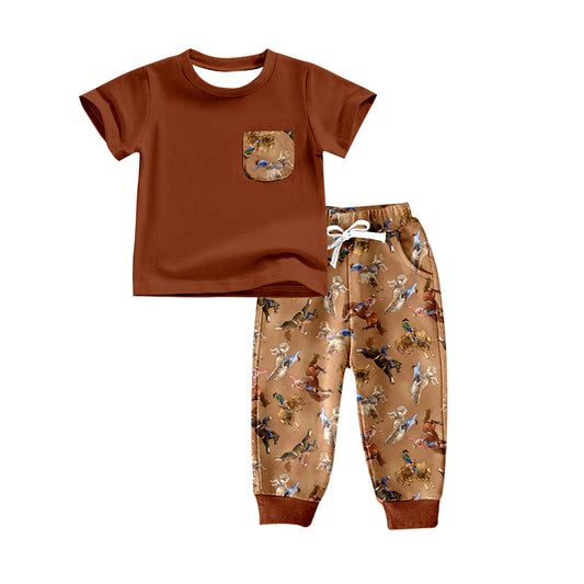 (Pre-order)BSPO0272 Brown Pocket Top Cowboy Pants Boys Western Clothes Set
