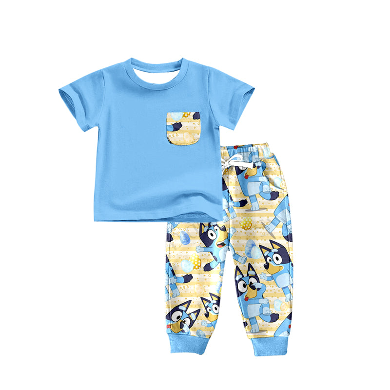 (Pre-order)BSPO0288 Blue Pocket Top Cartoon Dog Pants Boys Easter Cothes Set