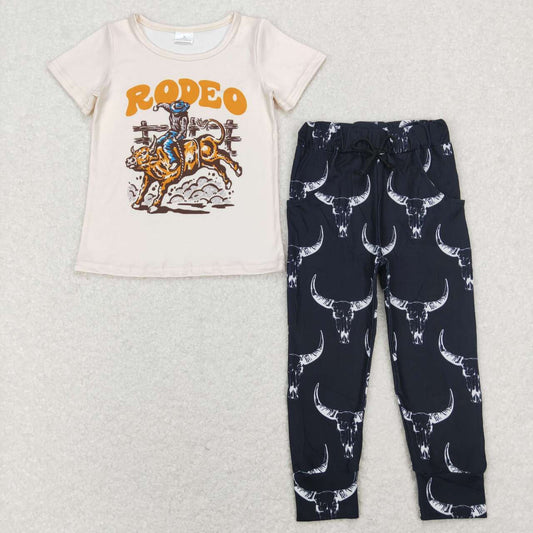 BSPO0309 Rodeo Print Black Pants Boys Western Clothes Set