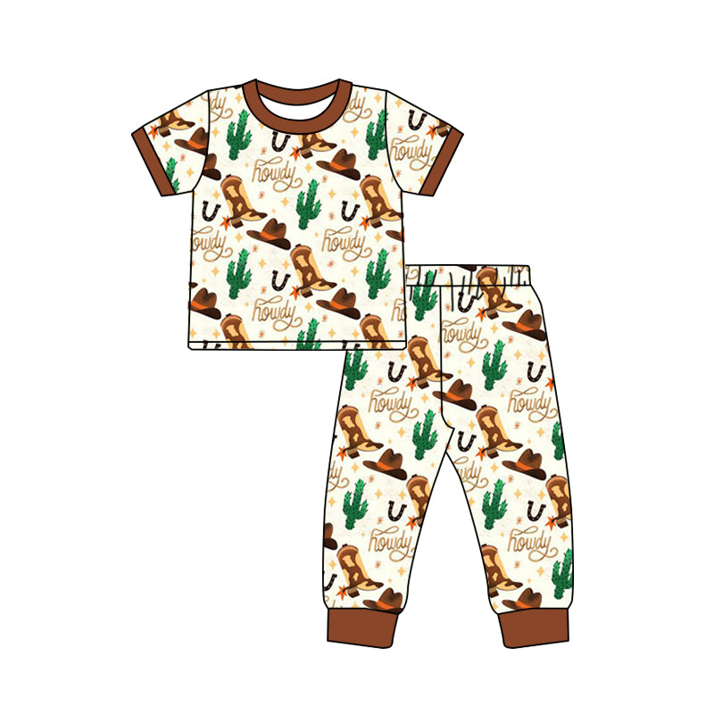 (Pre-order)BSPO0310 Howdy Boots Hat Print Boys Pajamas Clothes Set