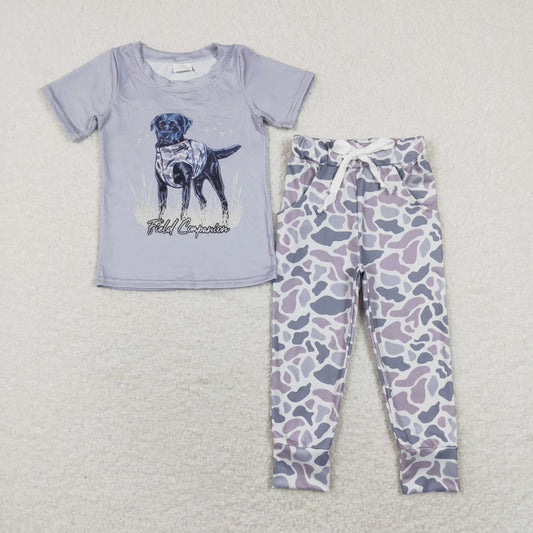 BSPO0334 Grey Dog Top Camo Pants Boys Hunting Clothes Set