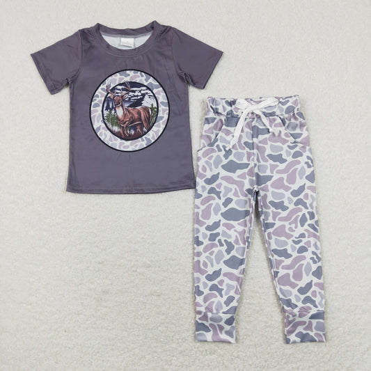 BSPO0335 Dark Grey Deer Top Camo Pants Boys Hunting Clothes Set