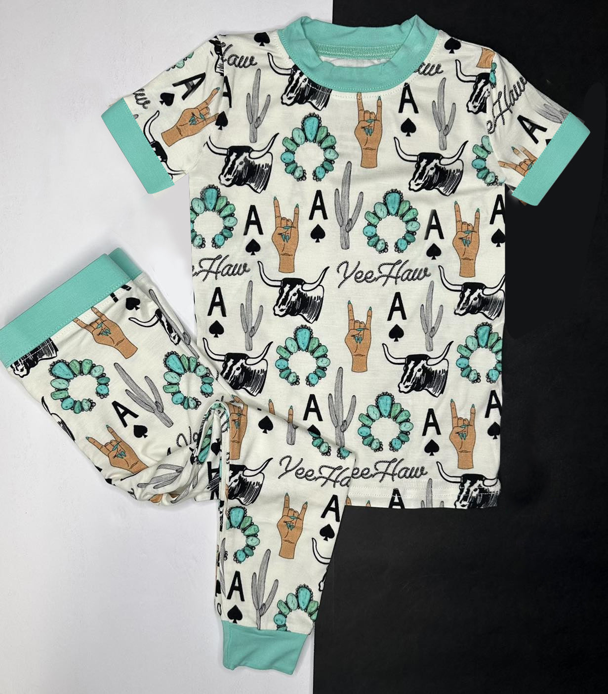 (Pre-order)BSSO0336 Turquoise Cow Print Boys Western Pajamas Clothes Set