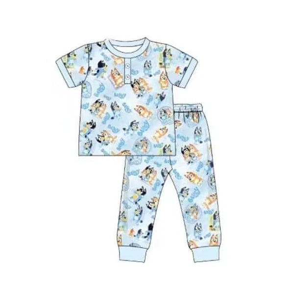 (Pre-order)BSPO0362 Blue Cartoon Dog Print Boys Pajamas Clothes Set