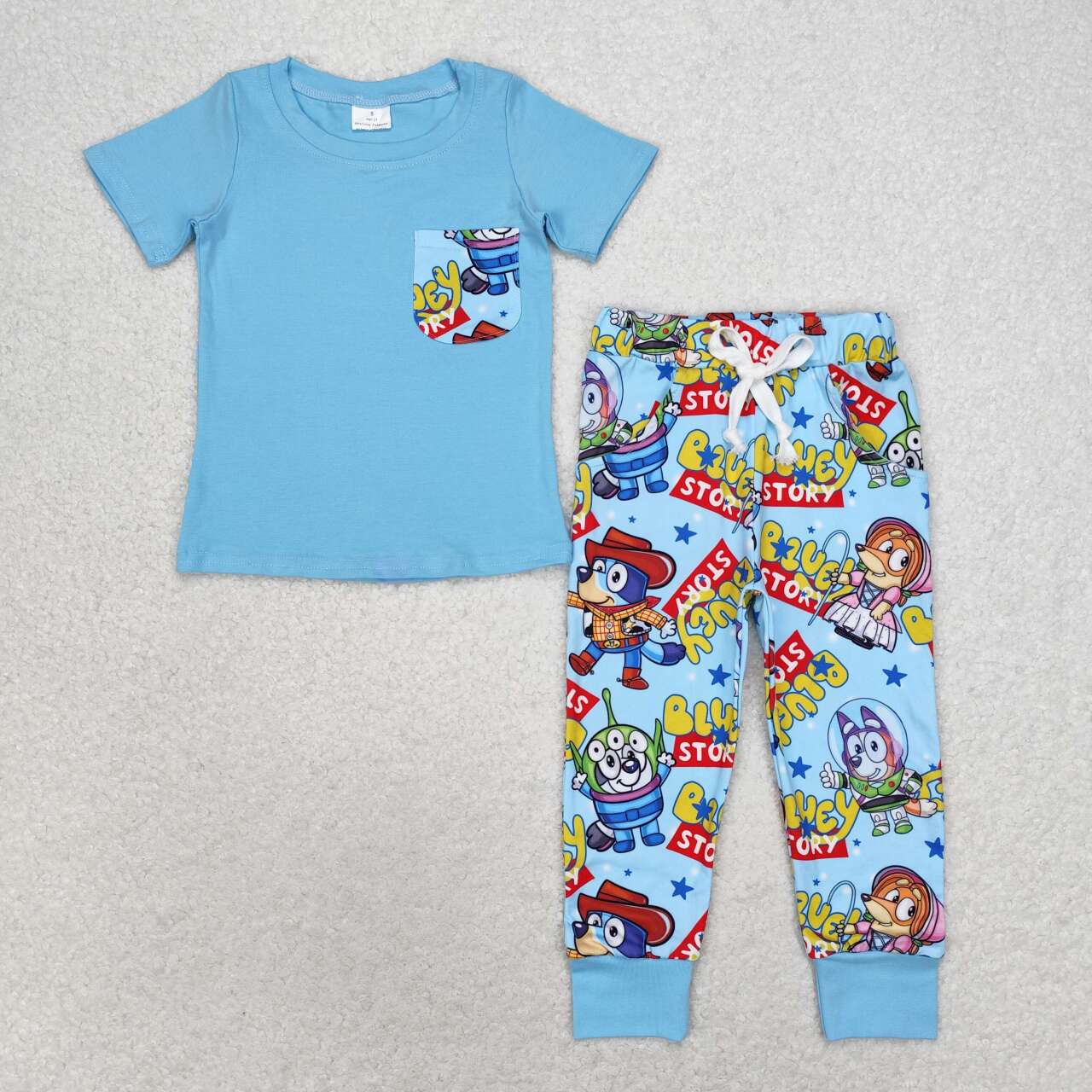 BSPO0375 Blue Pocket Top Cartoon Dog Cowboy Pants Boys Clothes Set