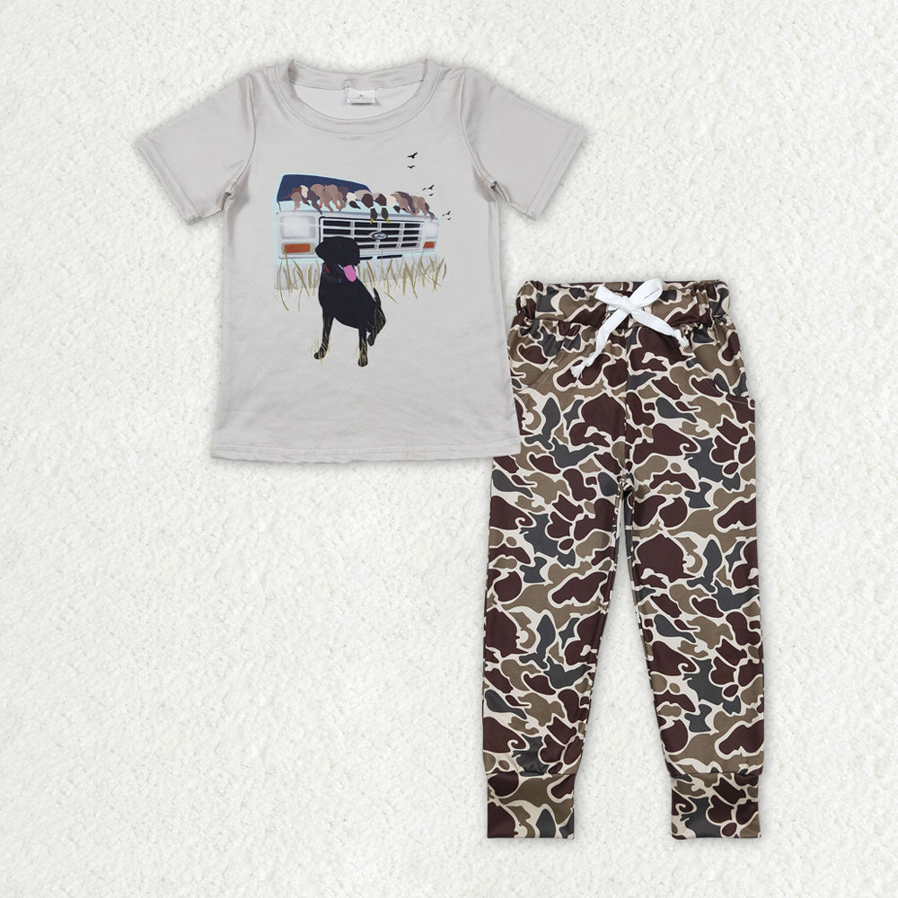 BSPO0381 Dog Duck Top Brown Camo Pants Boys Clothes Set