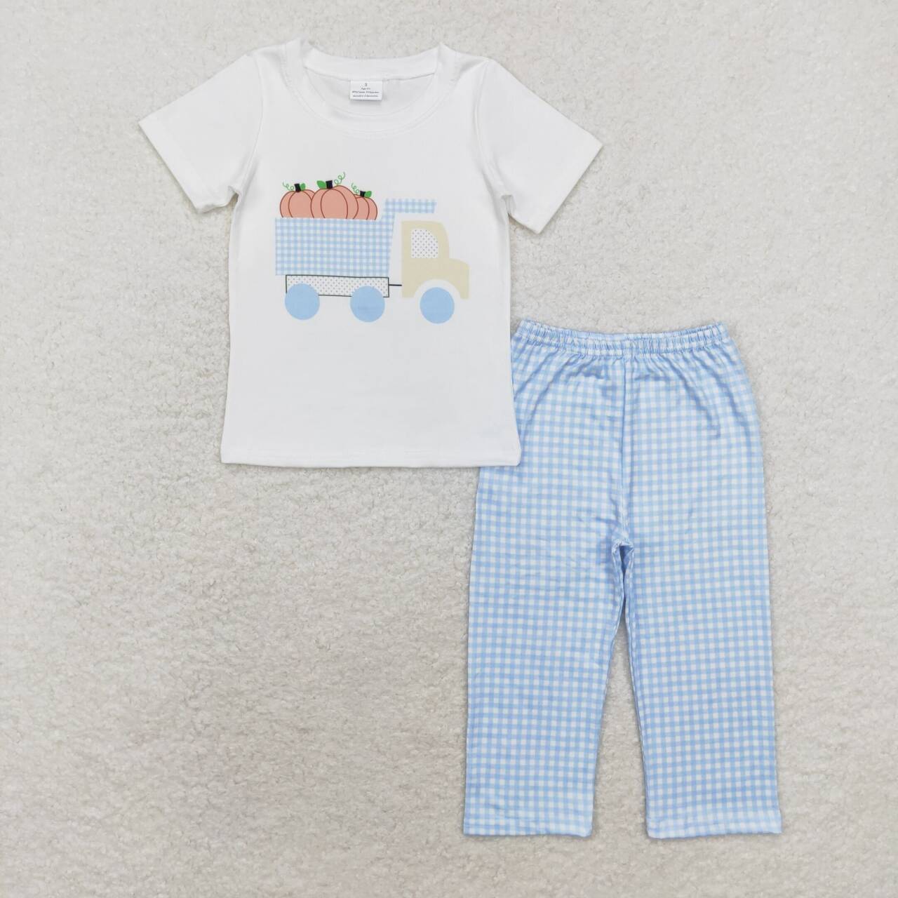 BSPO0398 Pumpkin White Top Blue Plaid Pants Boys Fall Clothes Set