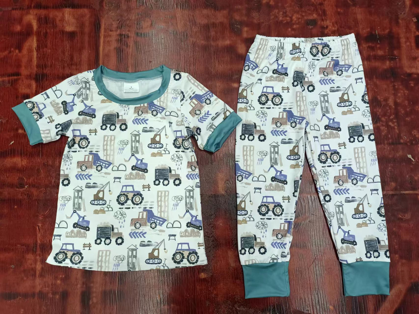 (Custom Design Preorder MOQ 5) Construction Trucks Print Boys Pajamas Clothes Set