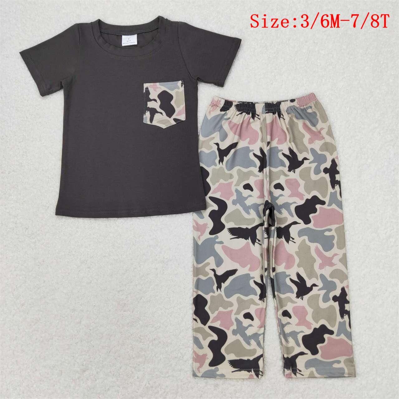 BSPO0415 Grey Pocket Top Camo Pants Boys Hunting Clothes Set