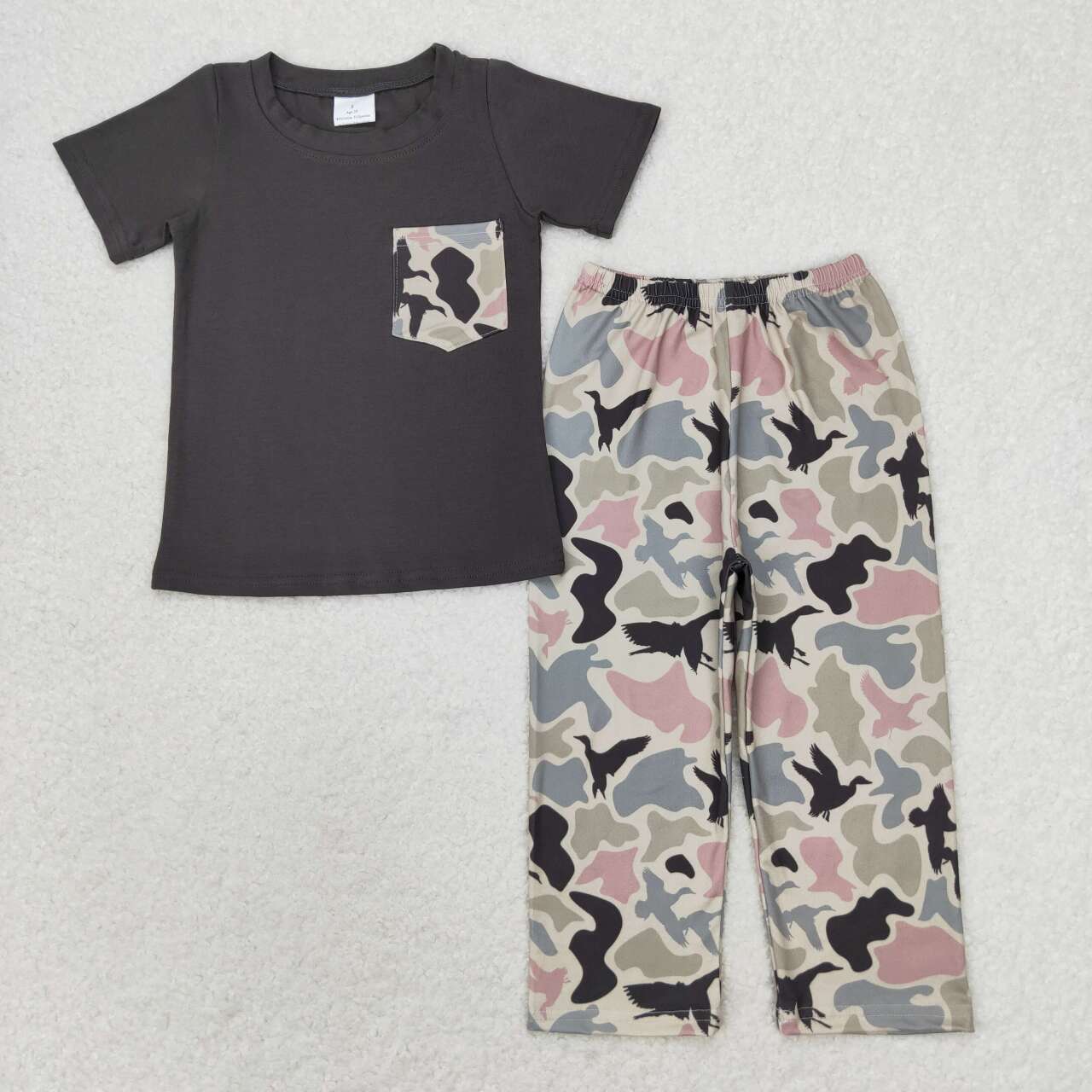 BSPO0415 Grey Pocket Top Camo Pants Boys Hunting Clothes Set
