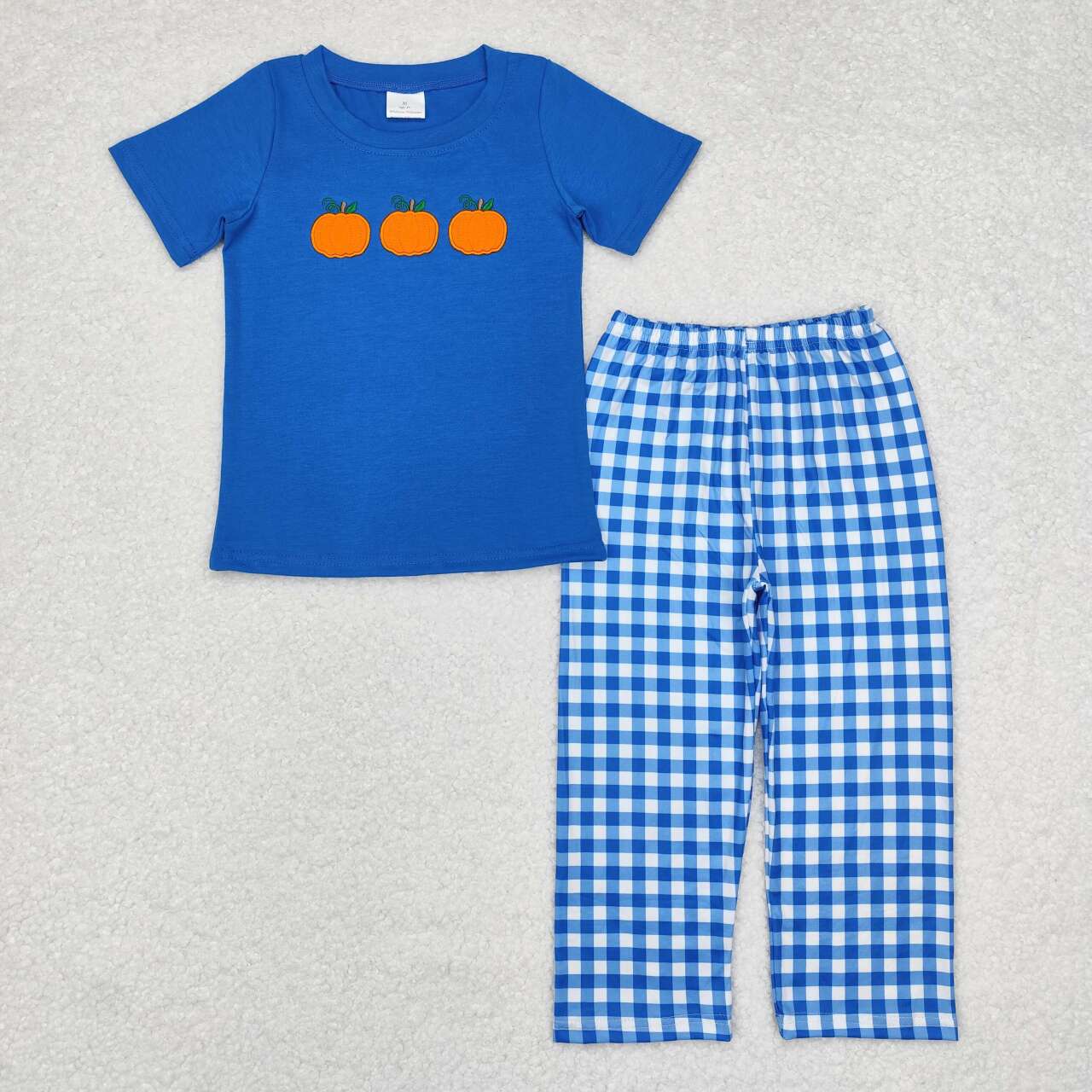 BSPO0468 Pumpkin Embroidery Top Blue Plaid Pants Boys Fall Clothes Set