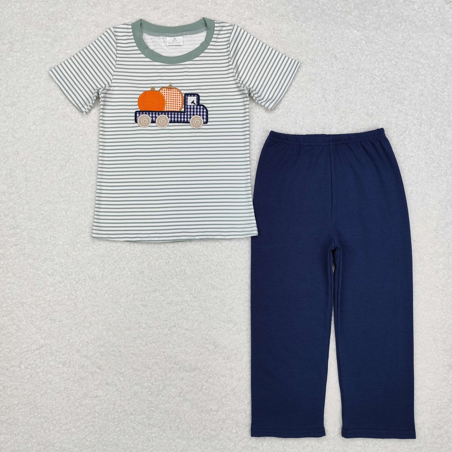BSPO0473 Pumpkin Trucks Embroidery Stripes Top Navy Pants Boys Fall Clothes Set