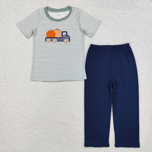BSPO0473 Pumpkin Trucks Embroidery Stripes Top Navy Pants Boys Fall Clothes Set