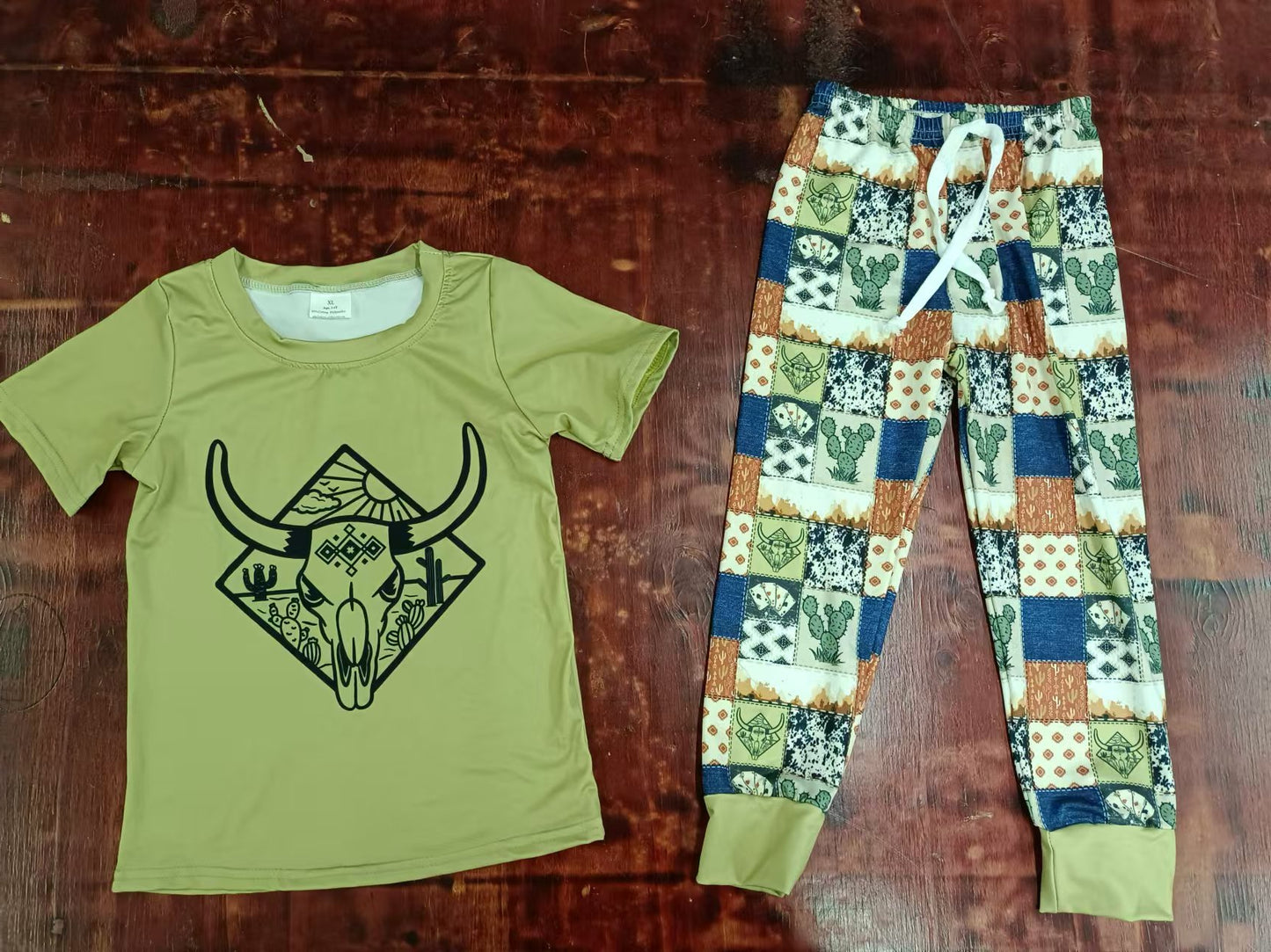 (Custom Design Preorder MOQ 3) Cow Skull Green Print Boys Western Clothes Set