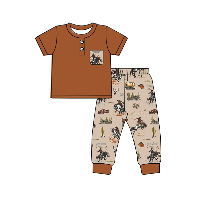 (Pre-order)BSPO0503 Brown Pocket Top Cowboy Cactus Pants Boys Clothes Set