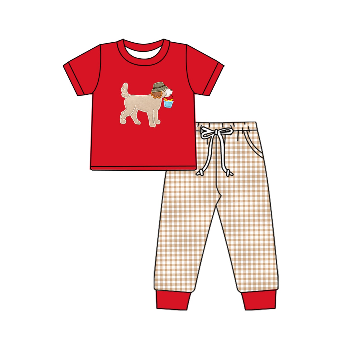 (Pre-order)BSPO0507 Dog Fish Red Top Plaid Pants Boys Clothes Set