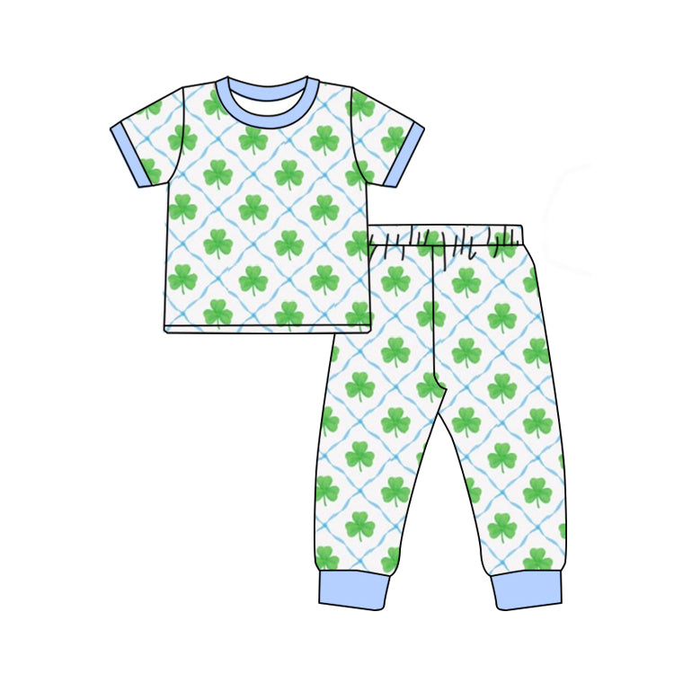 (Pre-order)BSPO0531 Leaf Print Boys St. Patrick's Day Pajamas Clothes Set