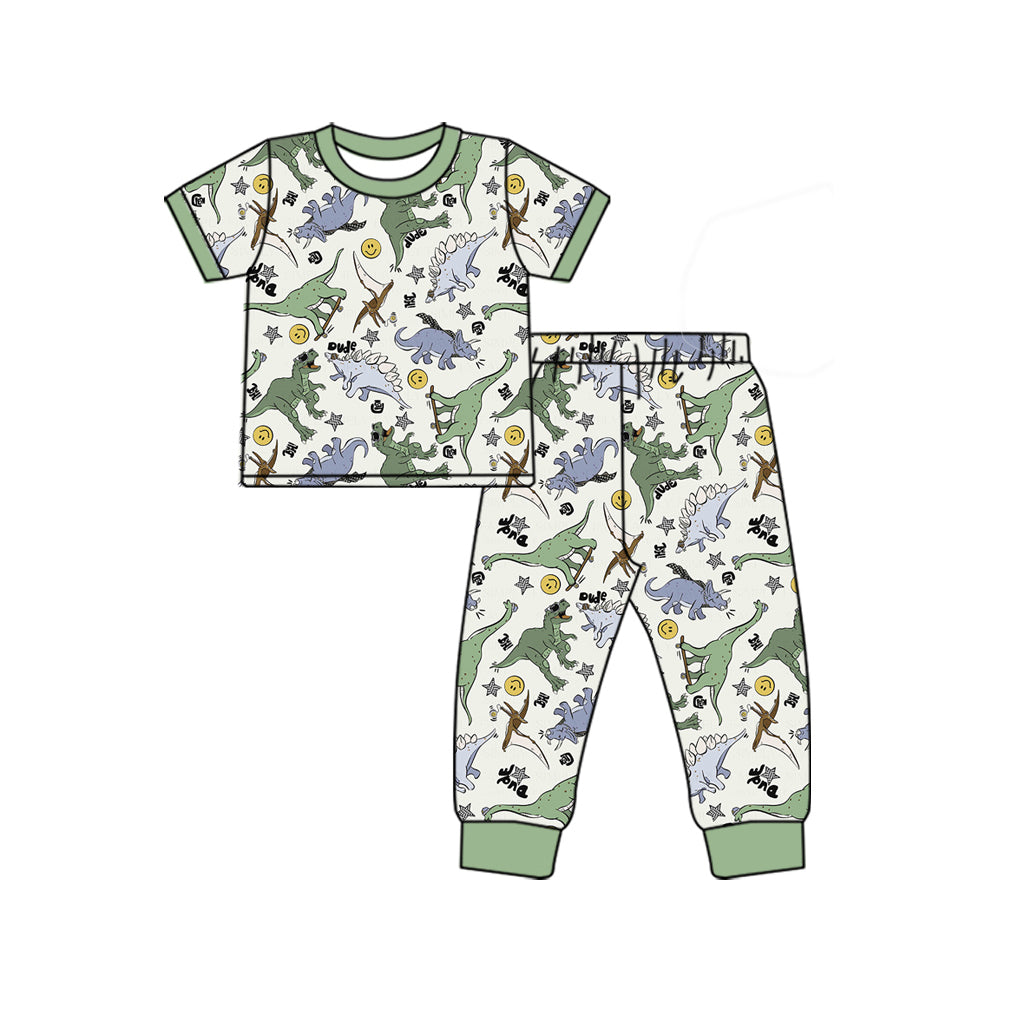 (Pre-order)BSPO0532 Dino Green Print Boys Pajamas Clothes Set