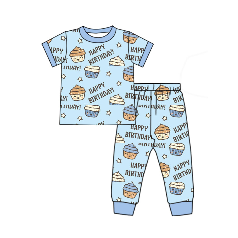 (Pre-order)BSPO0545 Happy Birthday Cake Blue Print Boys Pajamas Clothes Set