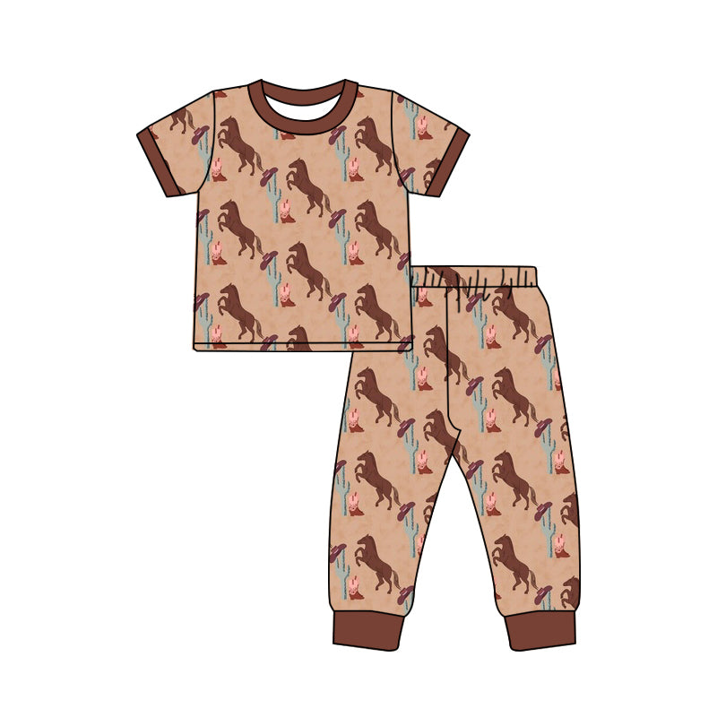 (Pre-order)BSPO0555 Horse Cactus Hat Print Kids Pajamas Clothes Set