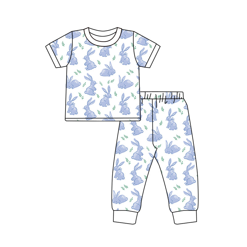 (Pre-order)BSPO0556 Blue Bunny Print Boys Easter Pajamas Clothes Set