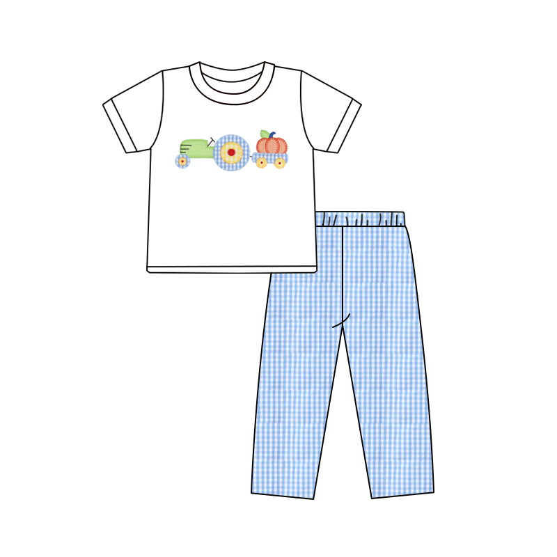 (Pre-order)BSPO0572 Tractors Pumpkin White Top Blue Plaid Pants Boys Fall Clothes Set