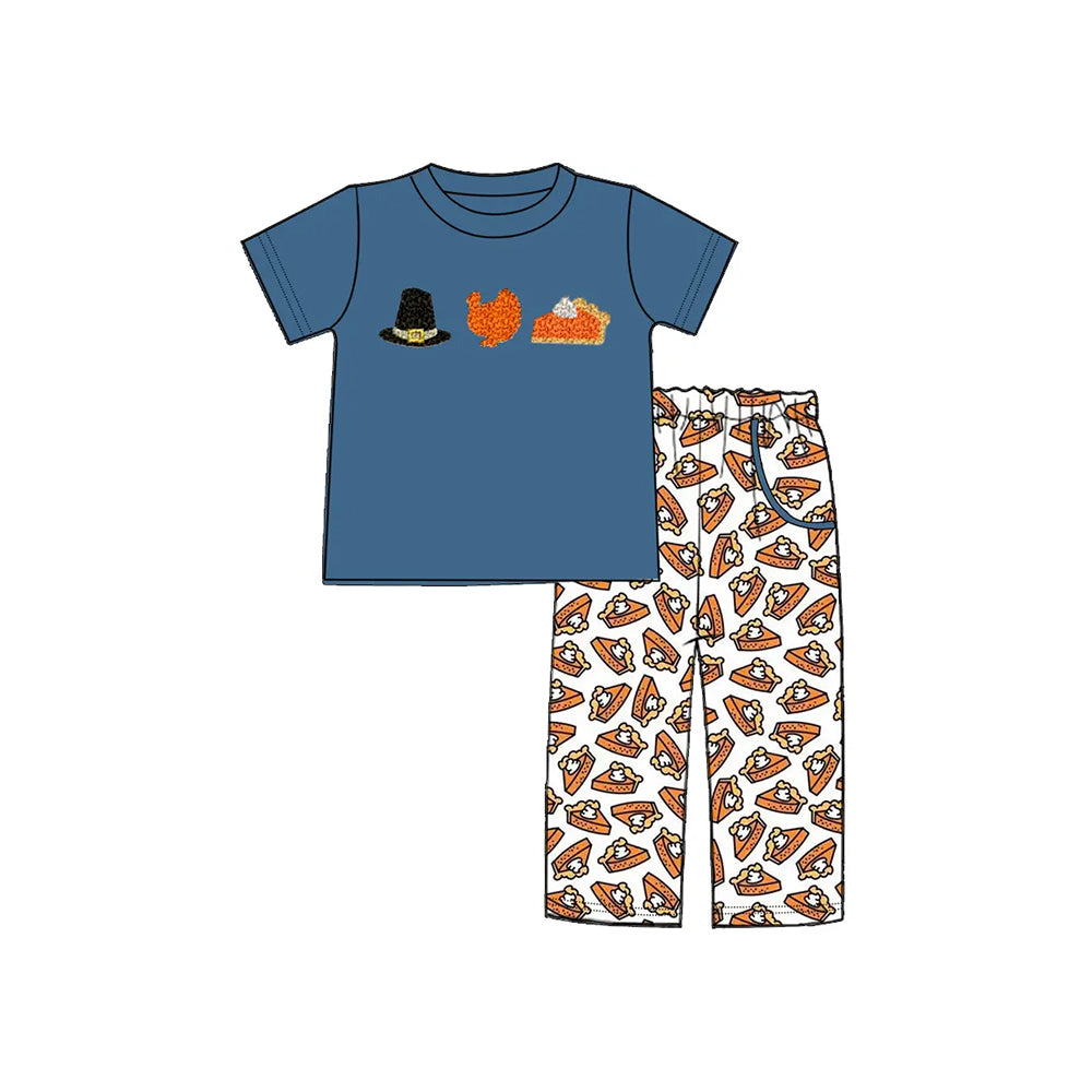 (Pre-order)BSPO0573 Turkey Blue Top Pie Pants Boys Thanksgiving Clothes Set