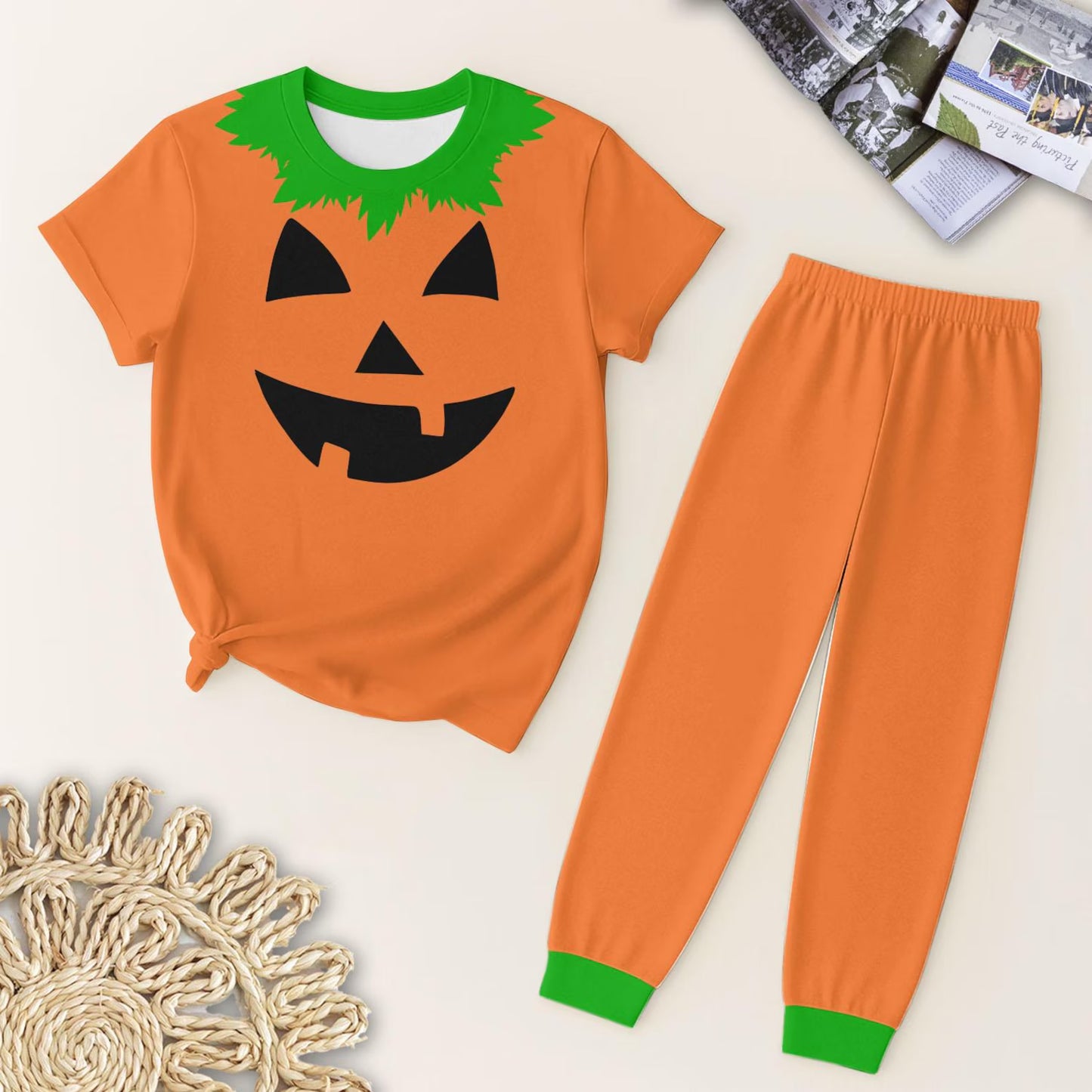(Pre-order)BSPO0579 Pumpkin Face Top Orange Pants Boys Halloween Pajamas Clothes Set
