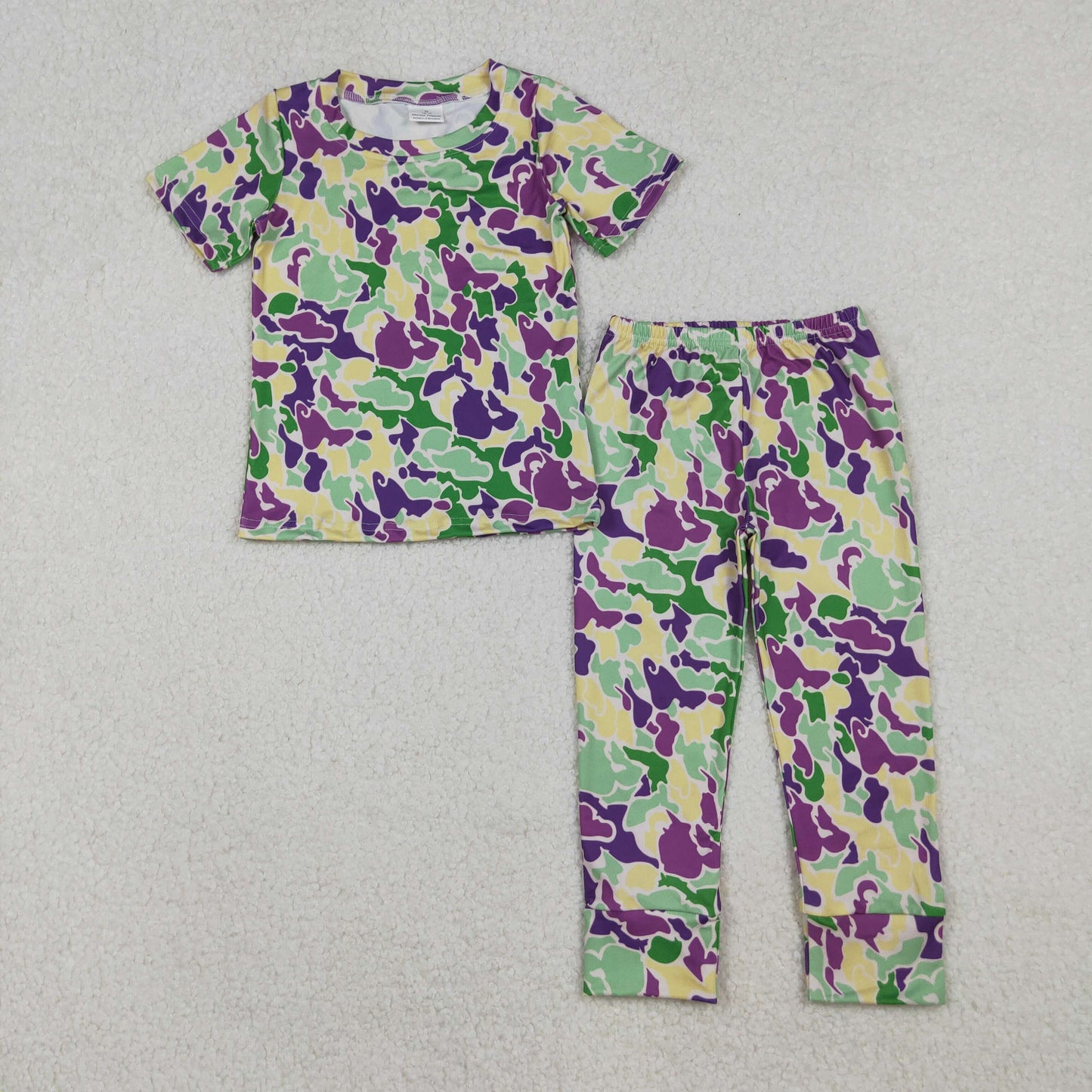BSPO0584 Purple Green Camo Print Kids Mardi Gras Pajamas Clothes Set