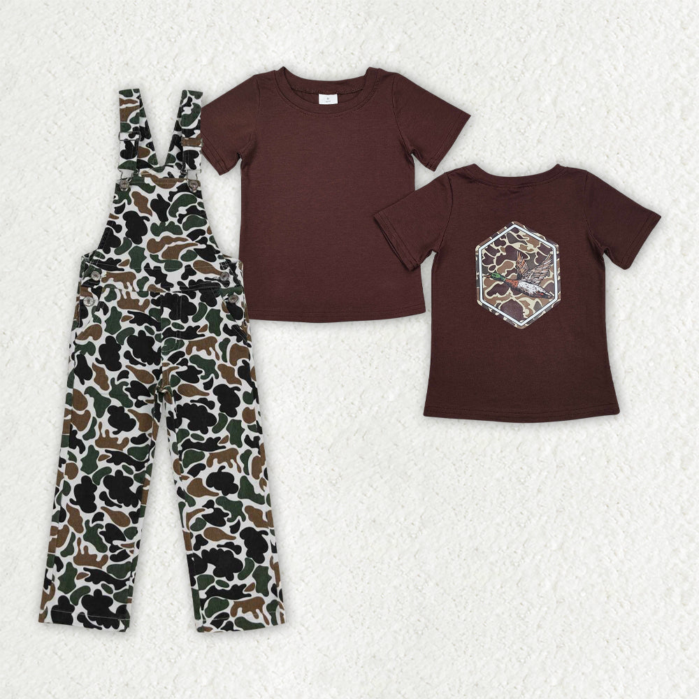 BSPO0585 Duck Brown Top Camo Denim Suspender Overall Jumpsuit Boys Fall Hunting Clothes Set