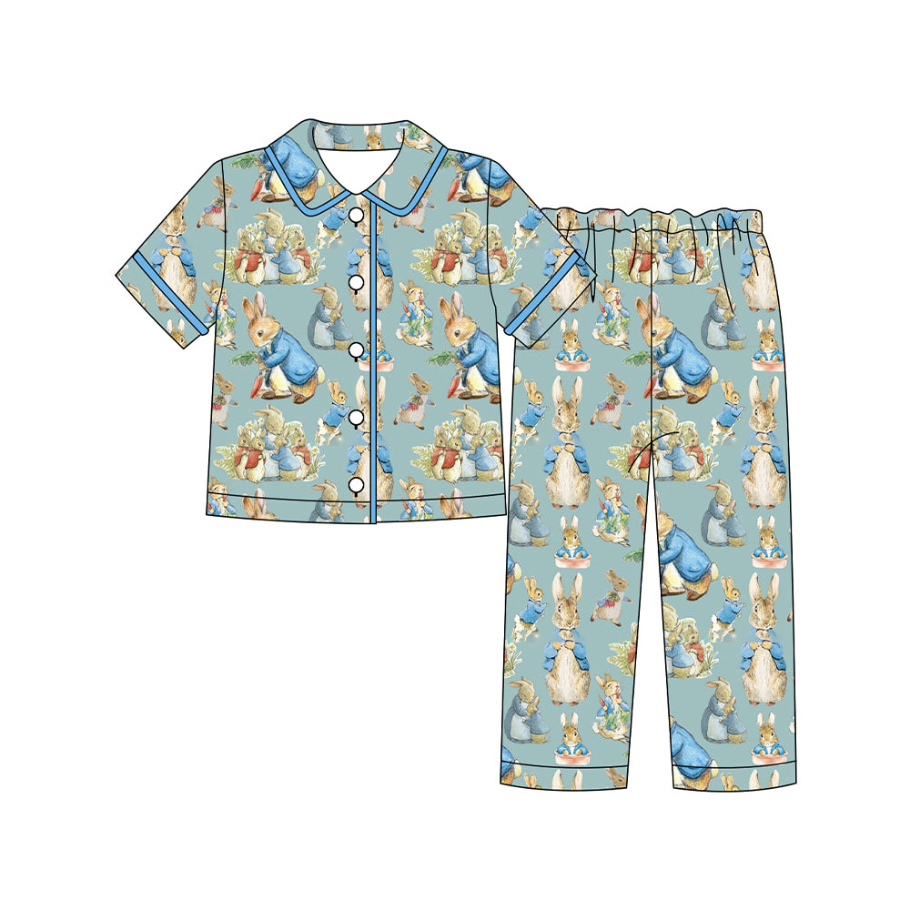 (Pre-order)BSPO0601 Bunny Print Pants Boys Easter Buttons Pajamas Clothes Set