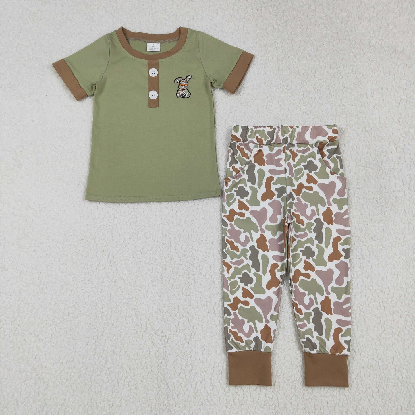 BSPO0603 Bunny Embroidery Polo Top Camo Pants Boys Easter Clothes Set