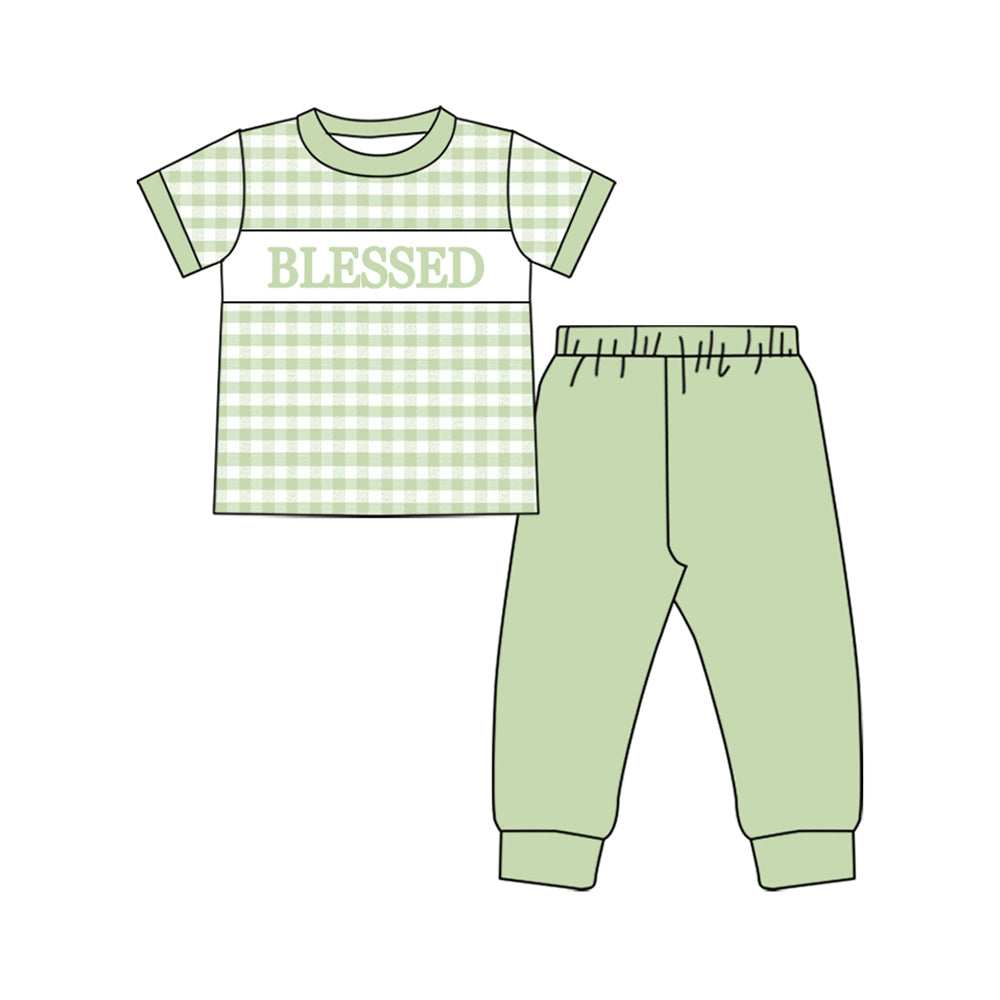 (Pre-order)BSPO0604 BLESSED Plaid Top Green Pants Boys Clothes Set