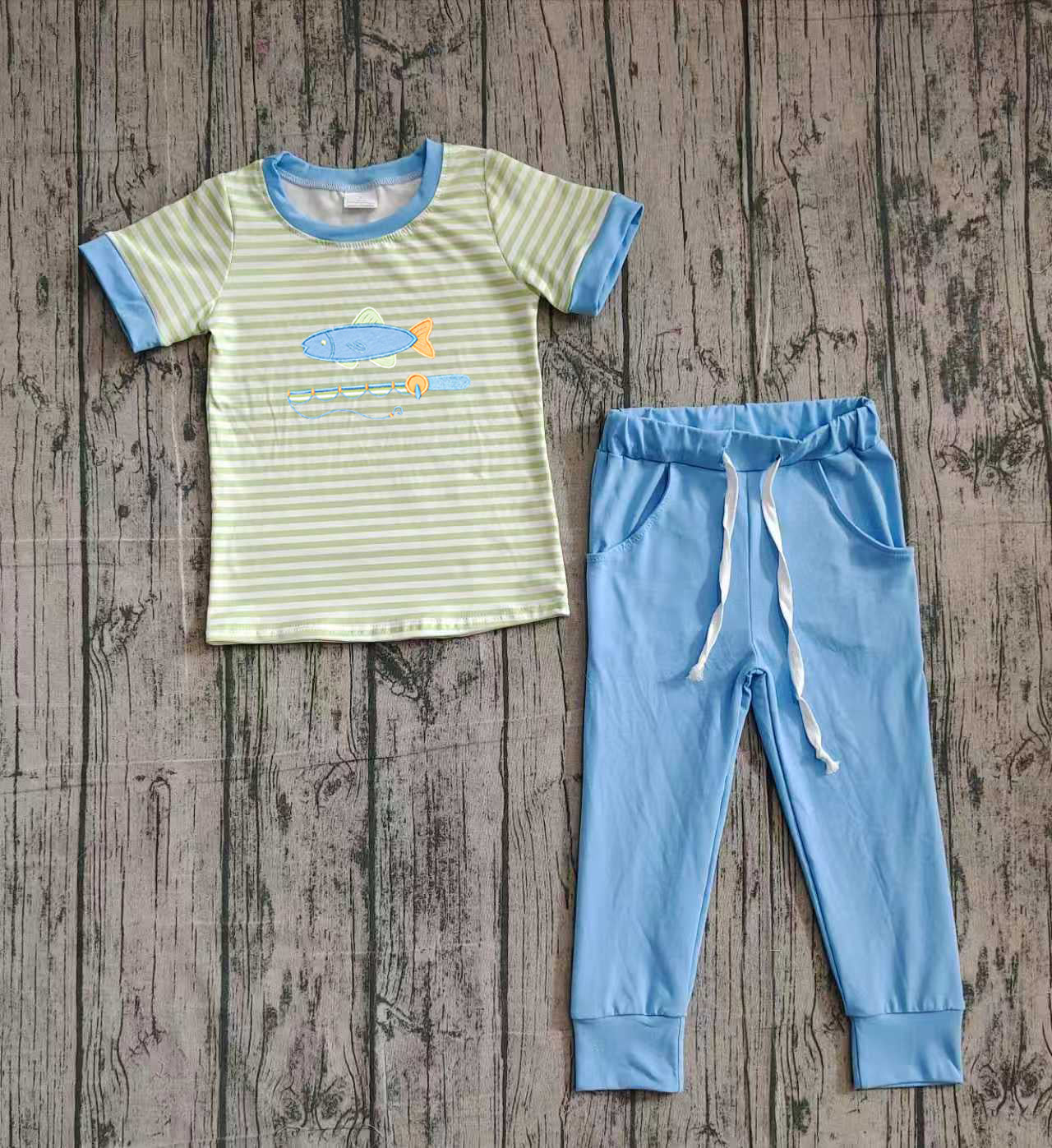 (Pre-order)BSPO0612 Fishing Stripes Top Blue Pants Boys Clothes Set