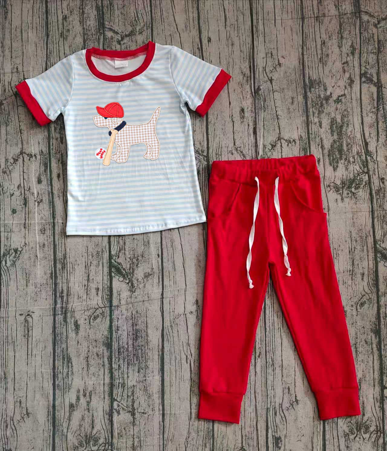 (Pre-order)BSPO0613 Baseball Dog Stripes Top Red Pants Boys Clothes Set