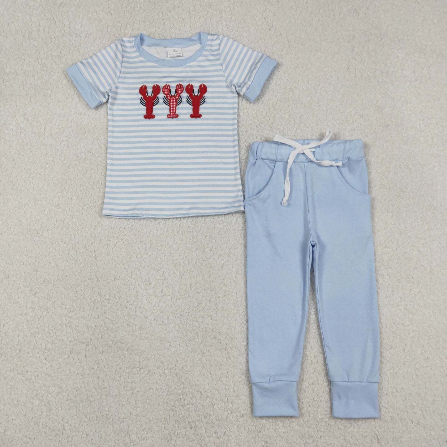 BSPO0616 Crayfish Embroidery Stripes Top Blue Pants Boys Clothes Set