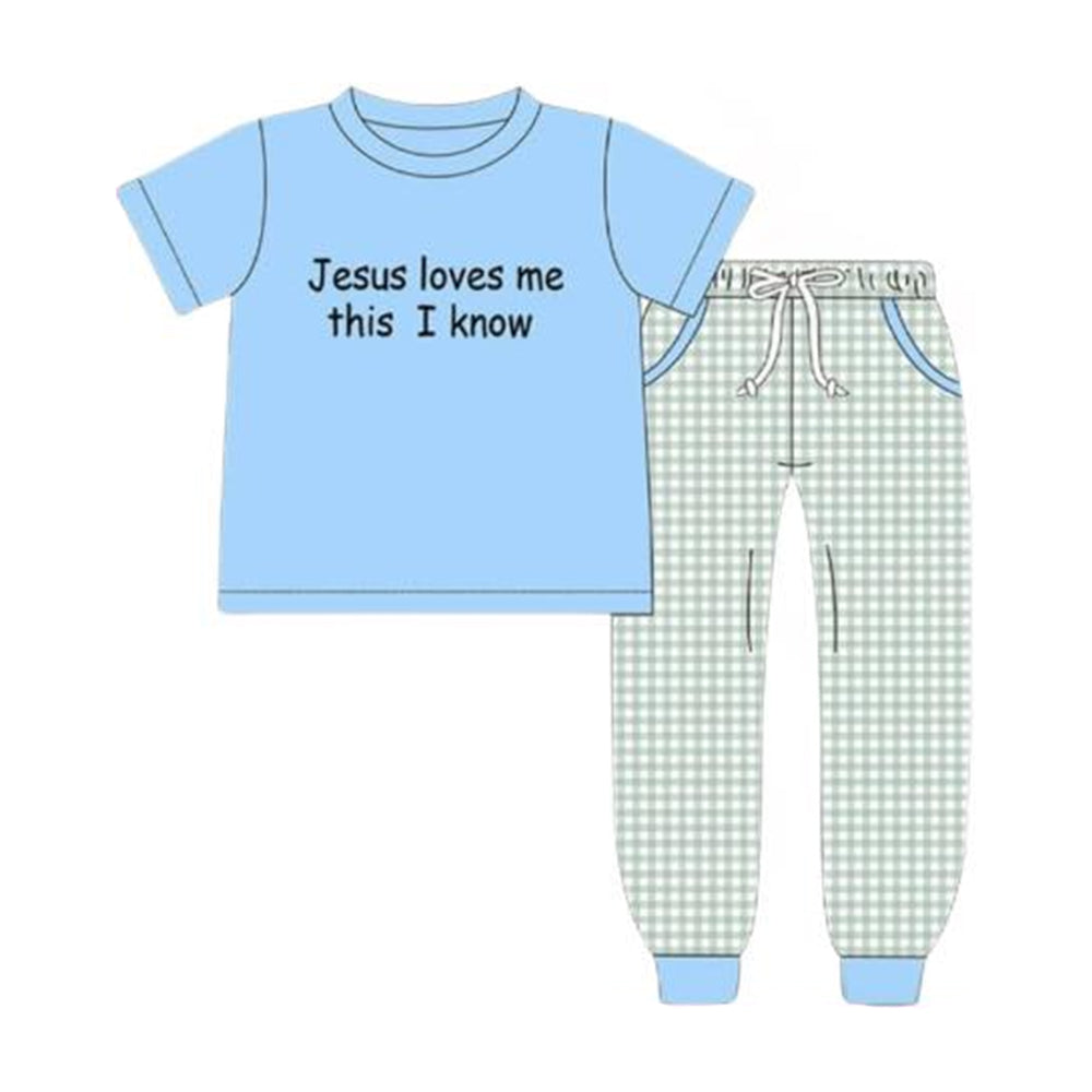(Pre-order)BSPO0617 Jesus Loves Me This I Know Blue Top Plaid Pants Boys Easter Clothes Set