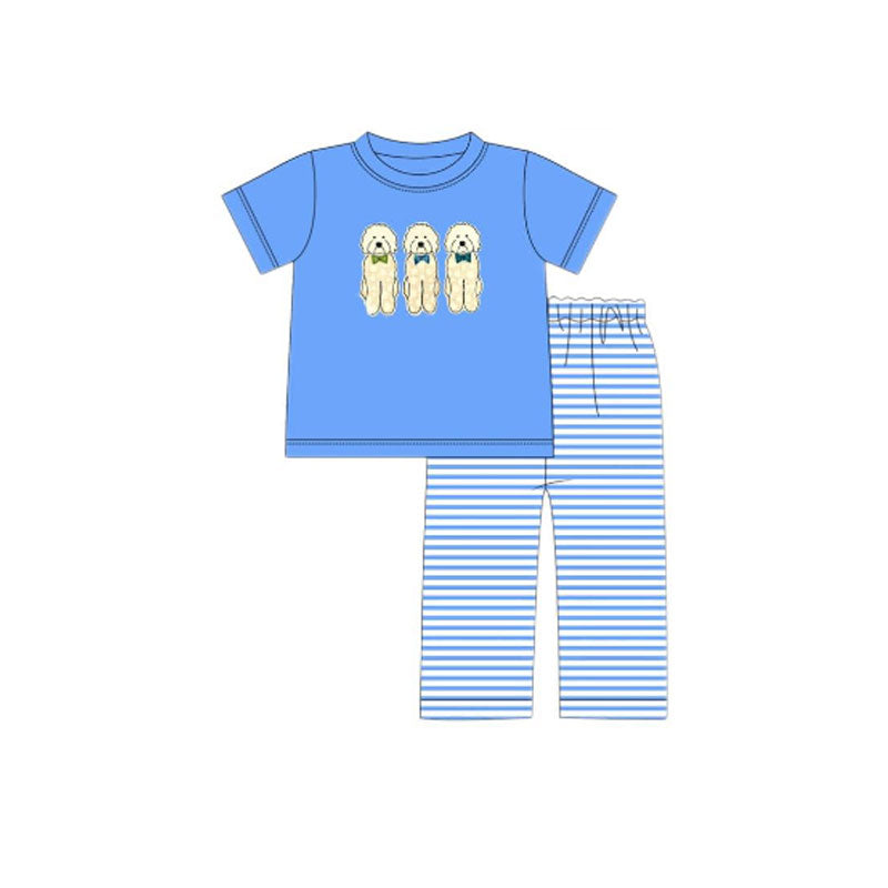 (Pre-order)BSPO0623 Puppy Blue Top Stripes Pants Boys Clothes Set