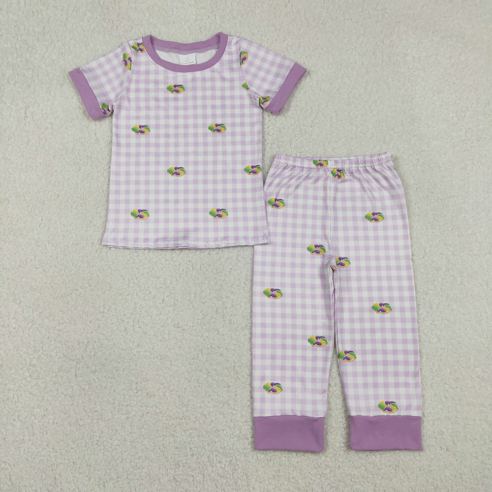 BSPO0630 Donut Embroidery Purple Plaid Print Kids Mardi Gras Pajamas Clothes Set