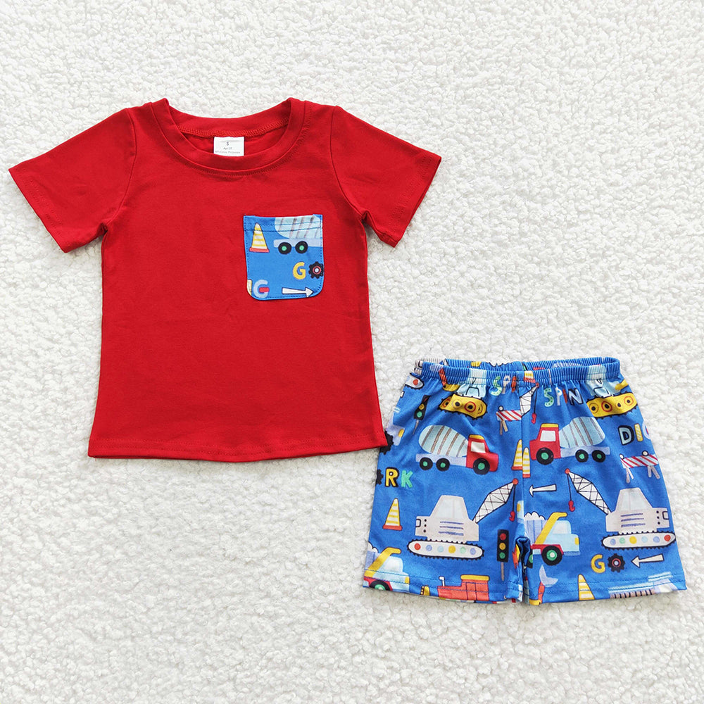 Pocket Top Construction Trucks Shorts Boys Summer Outfits Brothers Wear