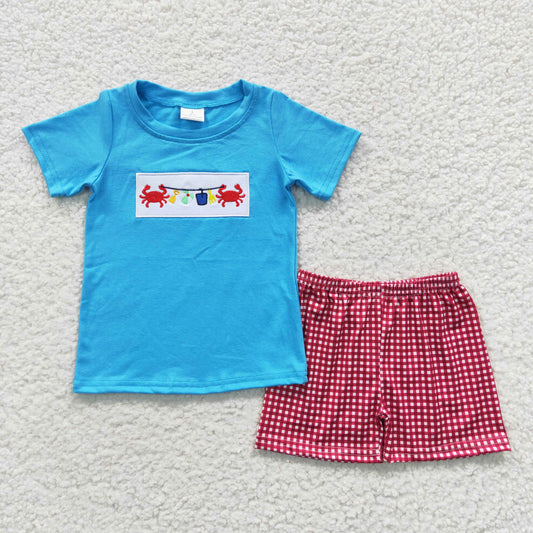 BSSO0247 Boys blue crab embroidery cotton top red plaid shorts summer outfits