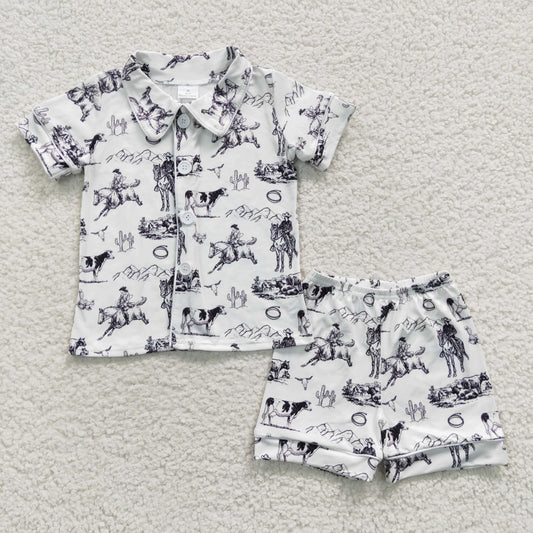 BSSO0275 Kids white cowboy western summer shorts pajamas