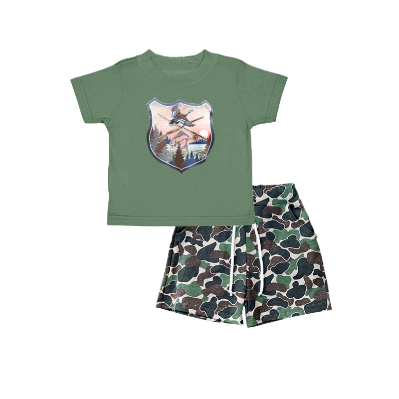 (Pre-order)BSSO0325 Green Duck Fish Print Boys Camo Shorts Clothes Set