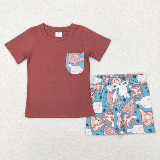 BSSO0348 Brown Pocket Top Cow Tags Shorts Boys Western Clothes Set