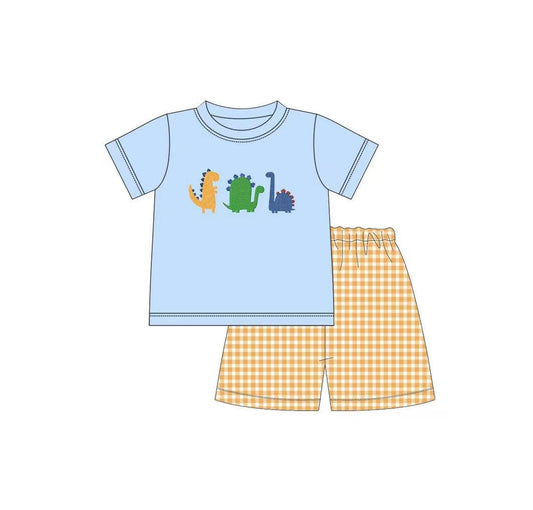 (Pre-order)BSSO0365 Dino Print Blue Top Plaid Shorts Boys Summer Clothes Set