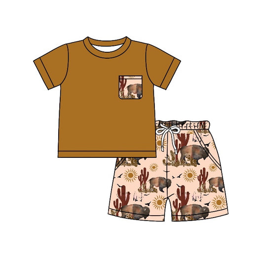 (Pre-order)BSSO0378 Brown Pocket Top Bull Shorts Boys Summer Clothes Set