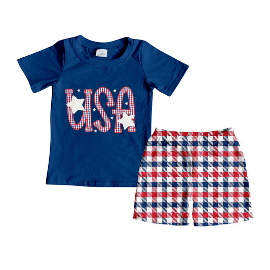 (Pre-order)BSSO0379 USA Star Print Plaid Shorts Boys 4th of July Clothes Set