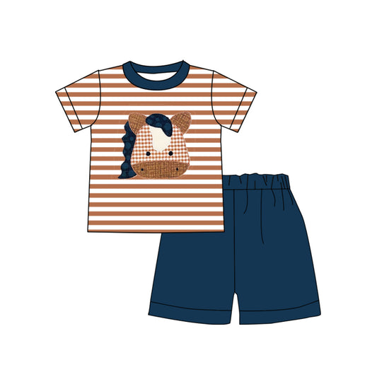 (Pre-order)BSSO0380 Brown Stripes Horse Print Top Navy Shorts Boys Summer Clothes Set