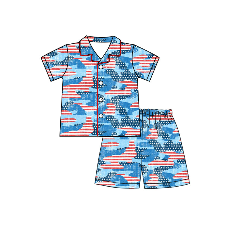 (Pre-order)BSSO0384 Star Stripes Print Boys Shorts 4th of July Pajamas Clothes Set